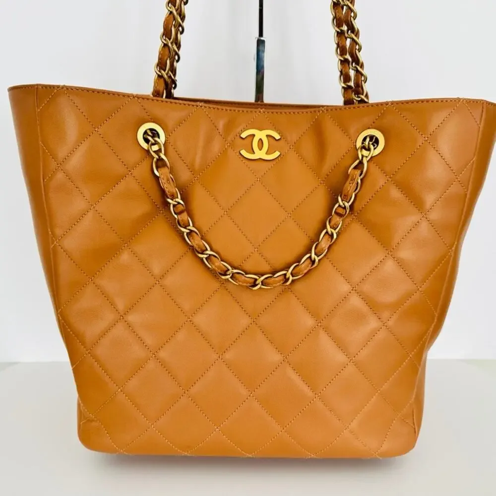 Chanel CC Chain Tote Quilted Leather Tan Brown Handle Purse Full Set & Box 2021